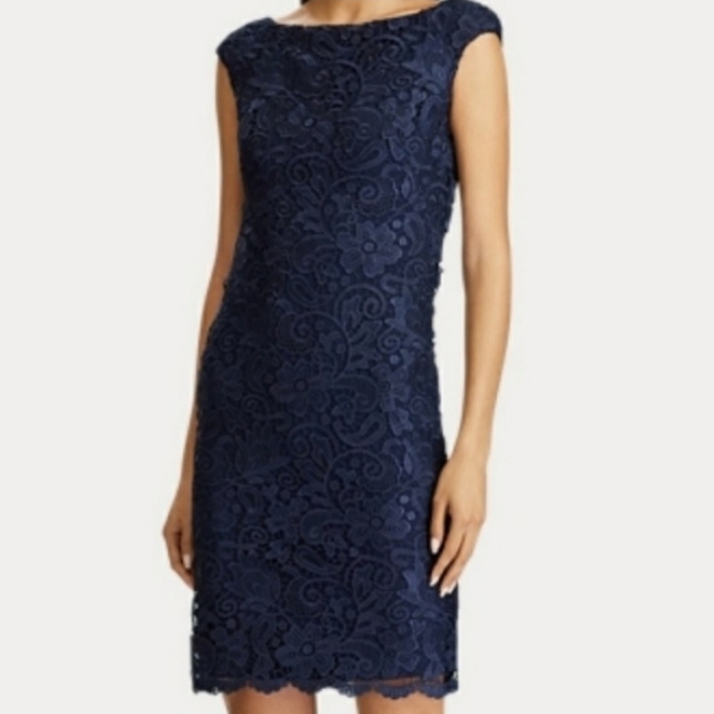 Ralph Lauren Navy with Scalloped Lace Cocktail Dress. - Picture 6 of 8